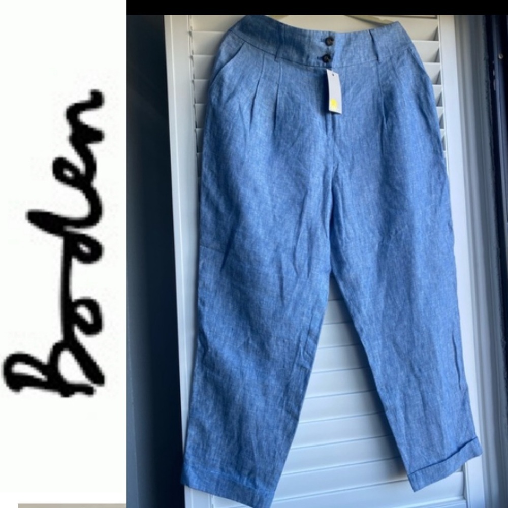 Boden New 100% Linen! Women's Blue Slash Pocket Pleated Button Belt Loop Pants